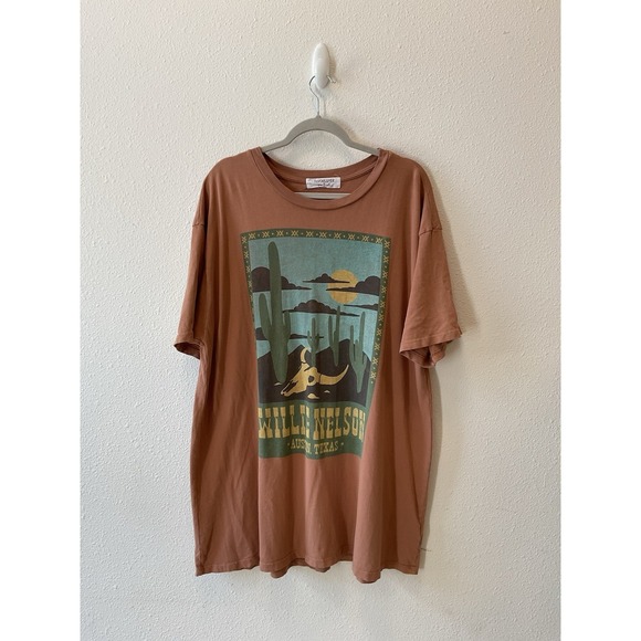 Free People Dresses & Skirts - Free People Rust Brown Desert Graphic Tee with Green and Mustard Print